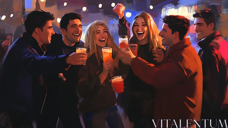 Group of friends toasting drinks at lively night bar.