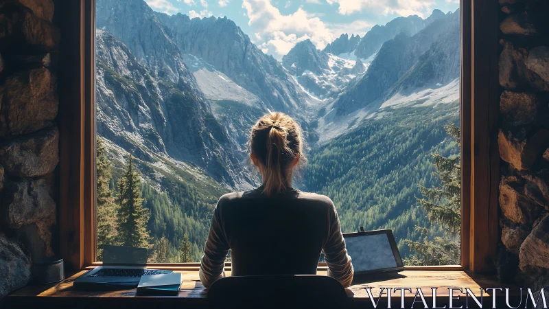 Remote worker gazing at majestic alpine valley view.