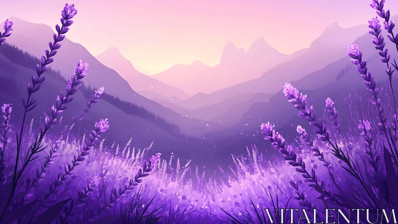 Lavender valleys glowing beneath a dreamy pastel sunrise.