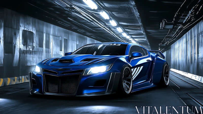 Blue widebody sports car rendered in a metallic tunnel
