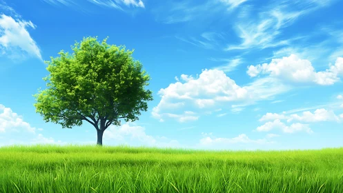 Lone green tree in lush meadow under vivid blue sky, digital art.