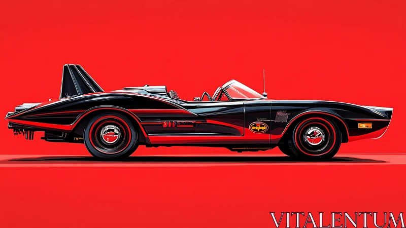 Digital painting profile of retro hero car on red field.