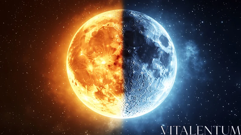 Dual planet sphere split into fire and ice halves in space.