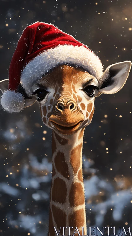 Giraffe wearing Santa hat in softly lit winter scene.