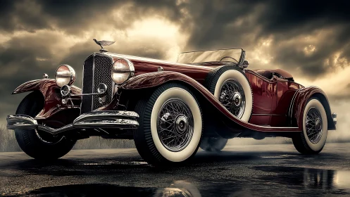 Photorealistic classic roadster under dramatic storm sky.