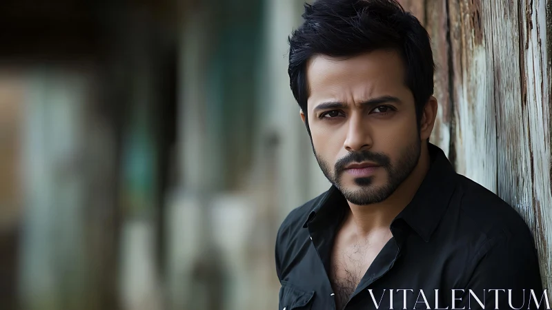 Photorealistic male portrait against weathered wooden wall.