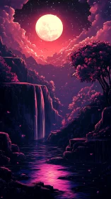 Lunar-illuminated cascade in neon nocturne landscape composition.