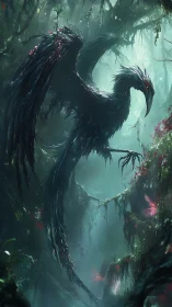 Dark feathered dragon-bird in misty overgrown forest.