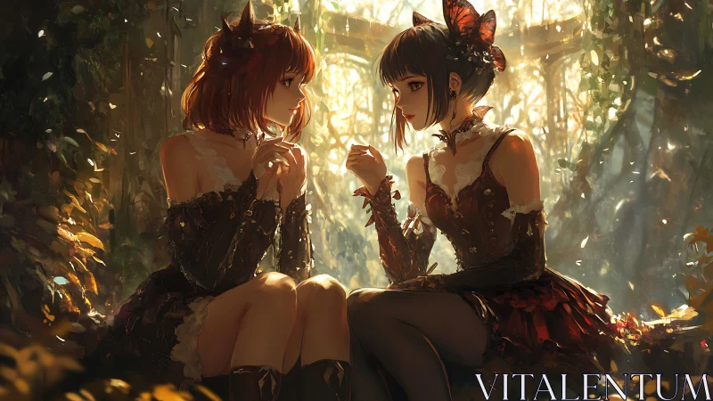 Gothic anime girls share quiet moment in glowing forest.
