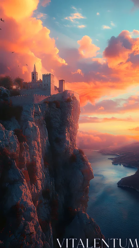 Stone fortress on sea cliff under dense sunset cloudbank.