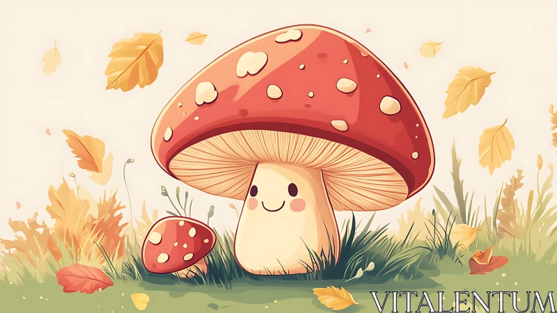 Autumnal kawaii fly agaric duo in stylized digital meadow.