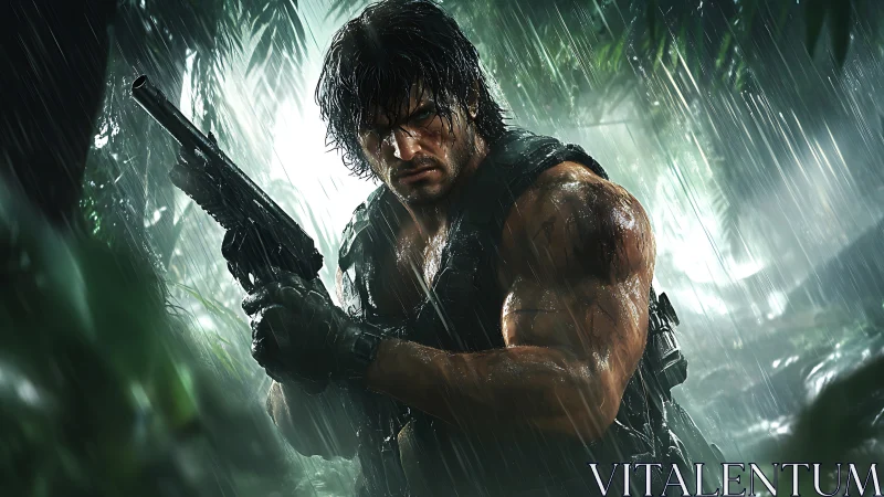 Rain-soaked jungle warrior stalks through silver bulletstorm.