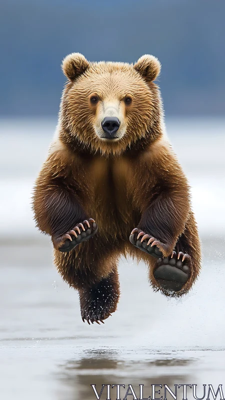 Running brown bear splashing across shallow water surface.