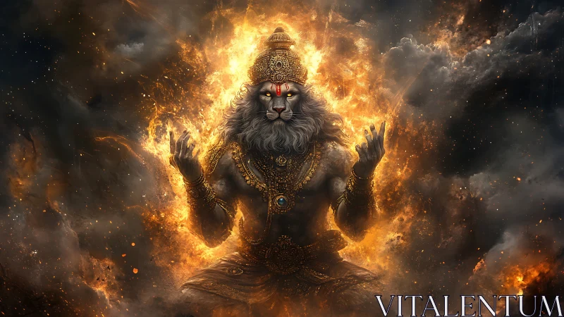 Mythic lion deity meditates within explosive celestial fire.