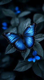 Blue morpho butterfly rests on dark foliage, neon glow.