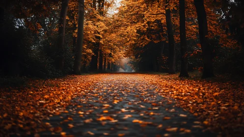 Autumn Forest Allee: Golden Canopy Over Leaf-Strewn Path.