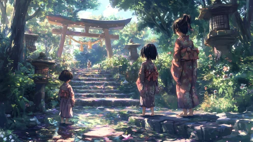 Children in kimonos on stone path to forest shrine.