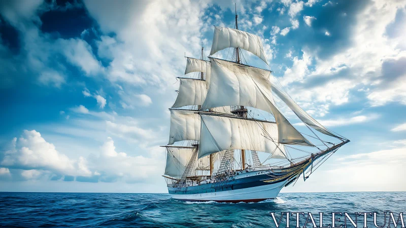 Three-masted sailing ship moving across calm open sea.