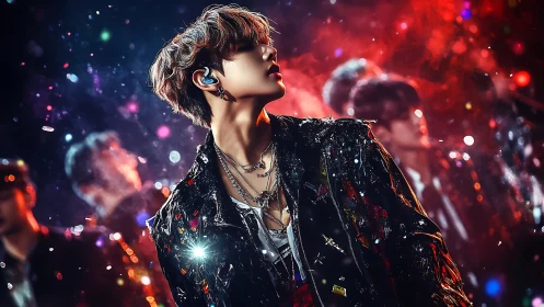 Digital painting of glam concert vocalist in neon backlight.