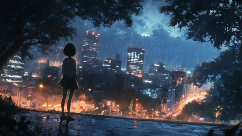 Rain-soaked overlook with lone girl above neon cityscape.