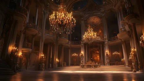 Grand baroque ballroom glows under opulent chandeliers