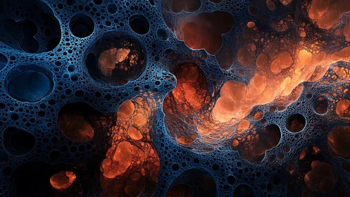 Luminous fractal nebula weaves through dark honeycomb voids