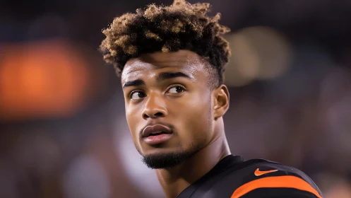 Football player looks to the side under stadium lights