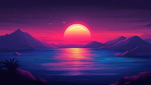 Neon sunset over calm sea with stylized mountain silhouettes.