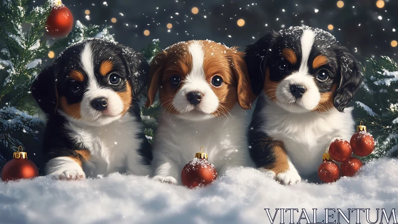 Three spaniel puppies in snow with red ornaments outdoors.