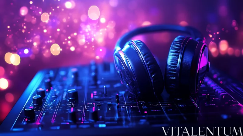 DJ headphones resting on neon-lit mixer in vibrant bokeh glow.