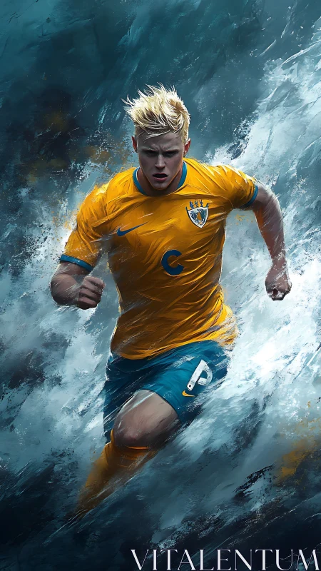 Blond footballer sprints through storming teal brushstrokes.