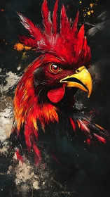 High-contrast digital rooster portrait with splatter textures