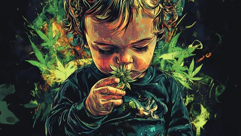 Young child with flowing golden hair smoking cannabis surrounded by luminescent leaf imagery