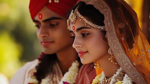 Photorealistic Indian wedding couple in ornate traditional attire