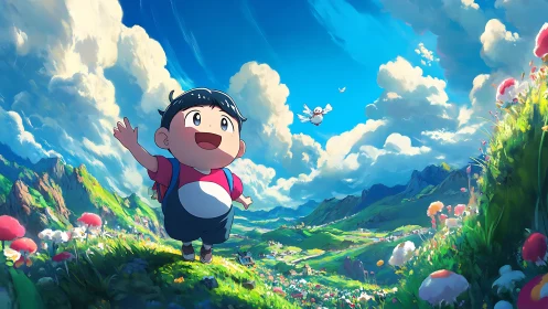 Joyful child explores a bright valley under dreamy blue skies