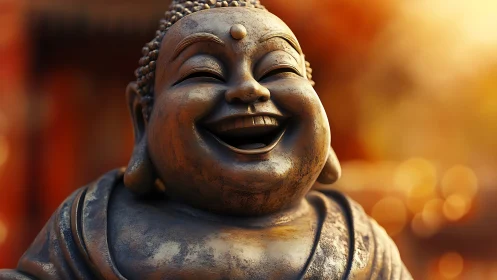 Laughing Buddha statue glows under warm sunset bokeh light