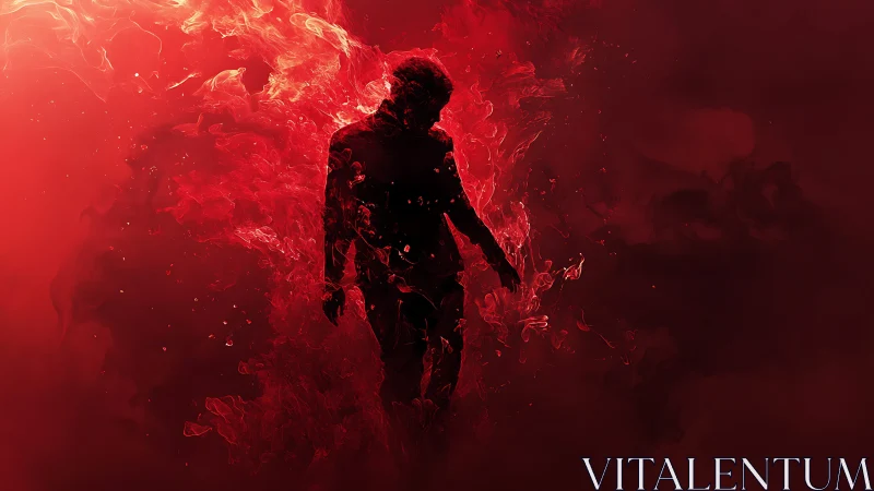 Silhouetted figure drifts through swirling red fire and smoke