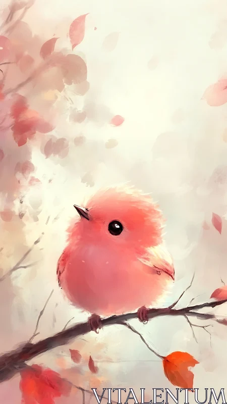 A Gentle Pink Bird Rests Among Falling Autumn Leaves.