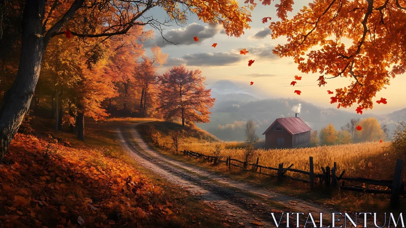 Golden autumn lane curves toward a distant rustic cottage.