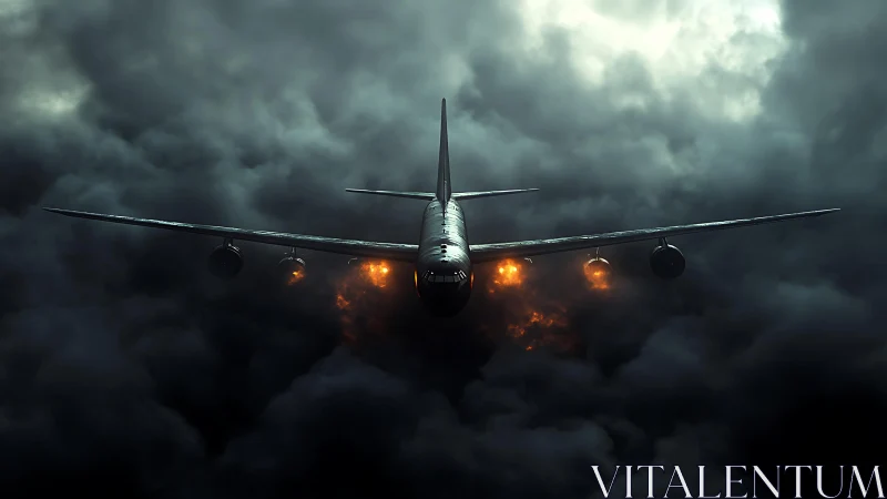 Jetliner cuts through storm clouds as engines burn fiercely.