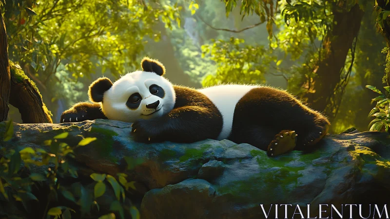 Giant panda resting on mossy log in dense forest light.