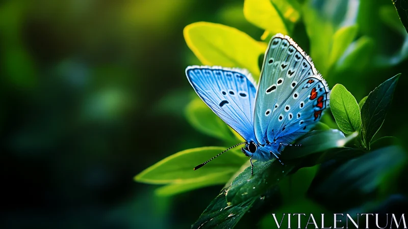 Blue butterfly rests on leaf within saturated green foliage