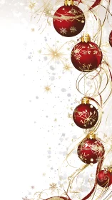 Red baubles with gold snowflake patterns on white field.