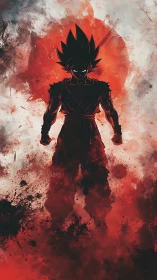 Silhouetted anime fighter in red and black aura focus.