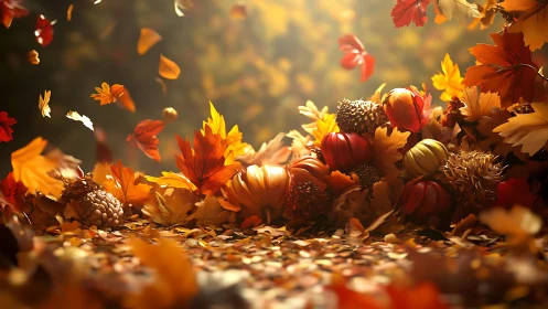 Autumn leaves with gourds in soft glowing seasonal light.