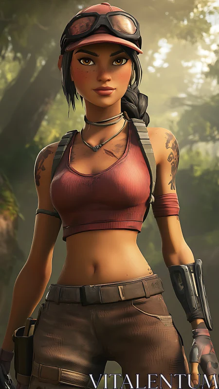 Stylized jungle explorer girl with cropped top and cap gear