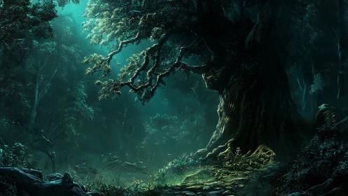 Ancient Forest Sanctuary: Luminescent Woodland Canopy Analysis.