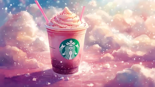 Whipped cream frappuccino rendered in luminous pastel cloudscape