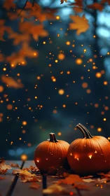 Cozy autumn night with glowing pumpkins and drifting sparks.
