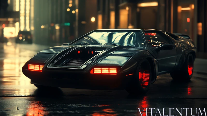 Futuristic sports car sits on wet city street at night